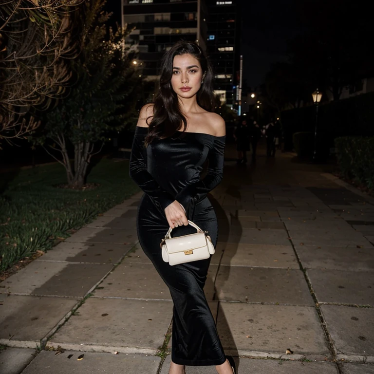 araffe woman in robe noire posing for a picture at night, toute la longueur du corps, wearing a tight robe noire, toute la longueur du corps shot, robe noire, an elegant woman in robe noire, she is wearing a robe noire, wearing a longue robe, pris la nuit, robe noire, longue robe, tight dress, Porte une tenue élégante, Enregistrement complet, European face