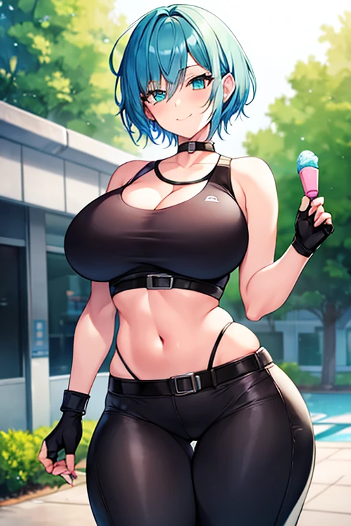 1girl, blue hair, pixie cut, very short hair, green eyes, one eye covered, hair over one eye, sportswear, sports bra, gloves, black sports bra, pants, belt, forest, milf, mature female, hourglass figure, glowing eyes, shirt, large breasts, thick thighs, wide hips, ((fingerless gloves)), fingerless gloves, light smile, smile, ice cream, popsicle