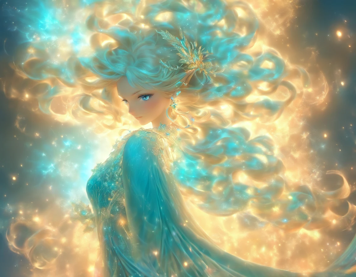 Air fairy woman, Wearing a cyan blue dress, blond hair, mystical eyes, Essential lighting, detailed lace patterns, graceful pose, intricate air motifs, delicate silk fabric, mysterious atmosphere, wind atmosphere.(I look at the viewer:1.5),(fractal art:1.2),.masterpiece, top quality, Best quality, official art, beautiful and aesthetically pleasing:1.2), (1 girl, mature:1.3, got old:1.3), Extremely detailed,(fractal art:1.1),(colorful:1.4)(flowers:1.3),The most detailed,(zentangle:1.2), (dynamic pose), (abstract background:1.3), (shiny skin), (many colors:1.4),(earrings:1.4), Long hair