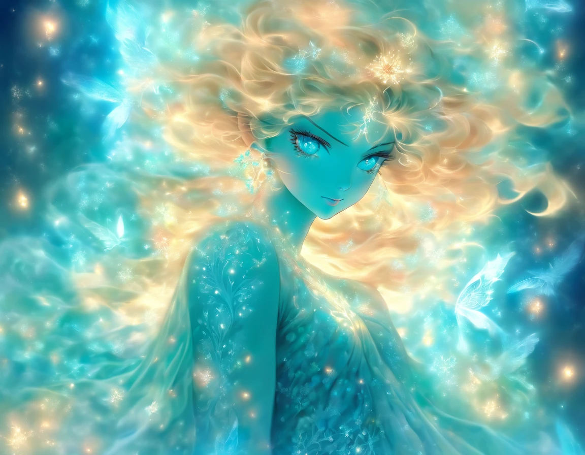 Air fairy woman, Wearing a cyan blue dress, blond hair, mystical eyes, Essential lighting, detailed lace patterns, graceful pose, intricate air motifs, delicate silk fabric, mysterious atmosphere, wind atmosphere.(I look at the viewer:1.5),(fractal art:1.2),.masterpiece, top quality, Best quality, official art, beautiful and aesthetically pleasing:1.2), (1 girl, mature:1.3, got old:1.3), Extremely detailed,(fractal art:1.1),(colorful:1.4)(flowers:1.3),The most detailed,(zentangle:1.2), (dynamic pose), (abstract background:1.3), (shiny skin), (many colors:1.4),(earrings:1.4), Long hair