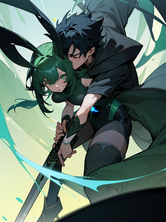 a boy holding a sword and his hair glows black and his tail turns black with blue lines and black rabbit ears appear and some black symbols on his body and he has a black rabbit tail and he is surprised kissing a green dragon girl and the girl has green hair and big breasts and green horns with black lines while the boy has black hair and blue lines