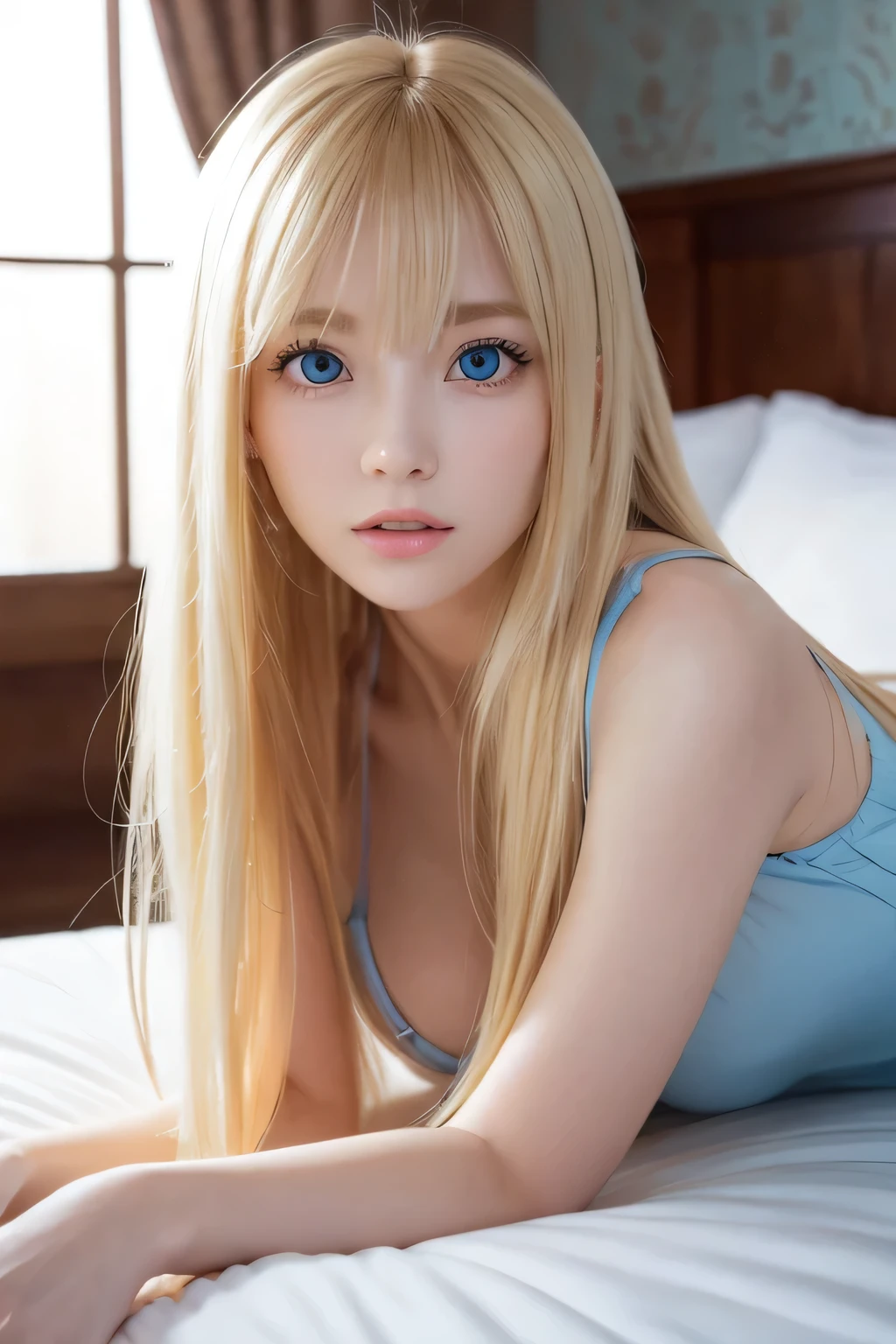 A very white and beautiful 20 year old blonde girl、masterpiece, highest quality, figure, Ultra-fine detail, Natural platinum blonde with a natural shine、Super long straight silky hair、Super long Rapunzel hair、Hair tangled all over the body、Messy bangs on the eyes,、Face-covering bangs、bangs、High resolution, 8K TV Wallpaper, Perfect dynamic composition, Beautifully detailed large light blue eyes , Very big eyes、of hotel(bed)、Small Face Beauty、Round face、On all fours、double eyelid