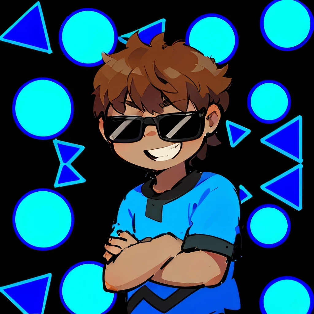 asian boy, high resolution, high definition, 4k, ((masterpiece)) sunglasses, blue shirt, brown hair, smille, crossed arms, ((dark skin)),