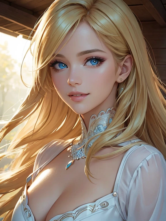 (Best quality,ultra detailed,photorealistic:1.37),bright and rich colors,studio lighting,playful facial expression,stylish makeup,Long blonde hair fluttering in the wind,inviting eyes,glossy lips,sexy pose, Space Cadet, cabin, I smile confidently and seductively,posing for a professional photo shoot,shallow depth of field,highlighting the main subject,soft natural lighting,Creating a dreamy and magical atmosphere.