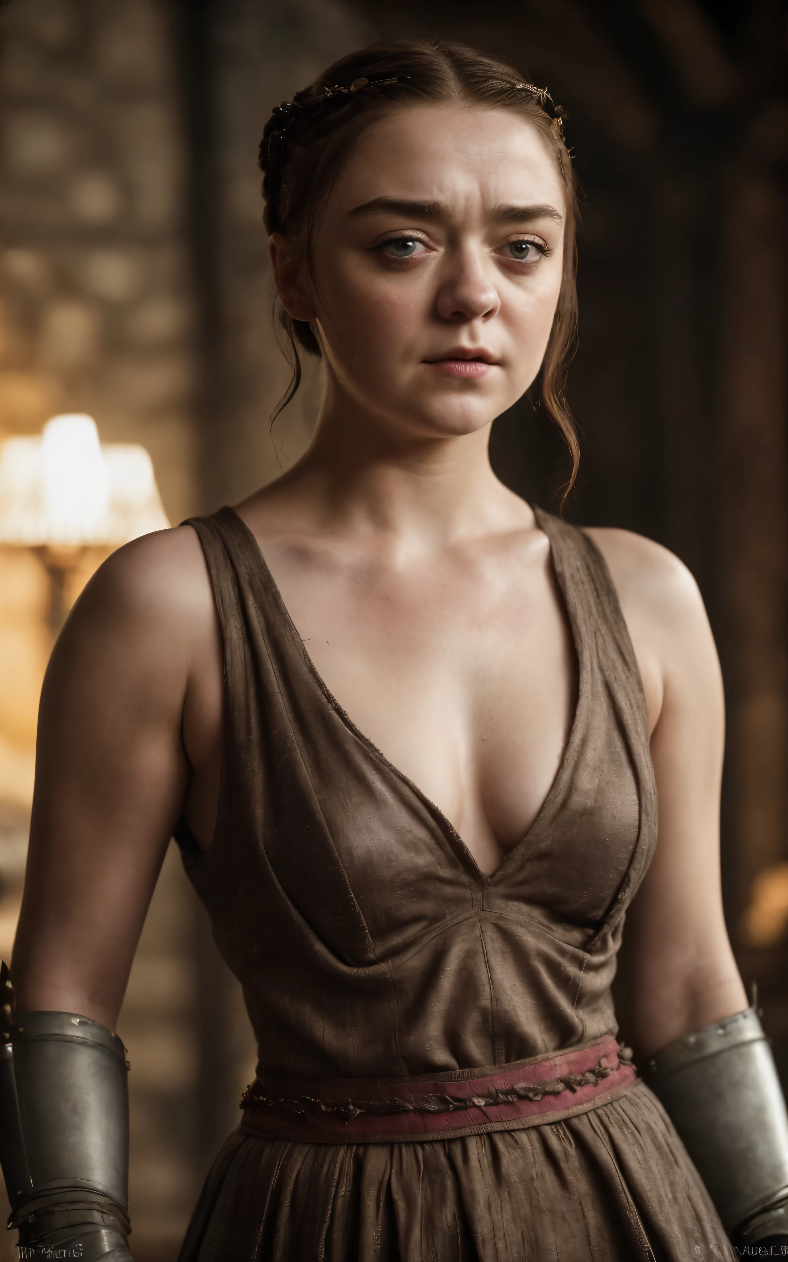 Foto RAW, Arya Stark, Extremely gorgeous lady, Arya Stark PLAYED BY MAISIE WILLIAMS, Queen Arya Stark, she  a mature woman now, milf, sexy mediaeval tribal dress, gladiator woman, body, 40 years old Woman, Roman slave dress, cotton dress, busty mediaeval costumes, body revealing costumes, perky breast, big natural breast, erotic costumes, lusty physique, seductive figure can capture every people's attention, Game of thrones costumes, revealing captivating figure, Mediaeval costumes, revealing clothes, A tomboy, she would rather fence than dance, warrior queen , game of thrones screen caps, Game of Thrones Series, (a Close-up Portrait photo of a middle age Woman), (metalic skin color),(Highly detailed face:1.4)(background inside dark, Moody, Private study:1.3),(split lighting: 1.4),in swag,extremely detailed armpits hairs,portrait,half body,detailed eyes and face,detailed hair,traditional clothing,aged appearance,royal background,studio lighting,vibrant colors,dignified expression) , Nikon D850, film stock photograph ,4 Kodak Portra 400 ,Camera f1.6 shots ,Rich colors ,Ultra photo realsisim ,Lifelike texture, Dramatic lighting , cine still 800,