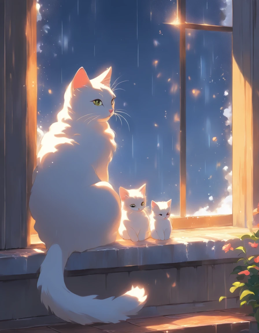 A beautiful snow-white cat with a kitten sitting on a windowsill、Watching the rain