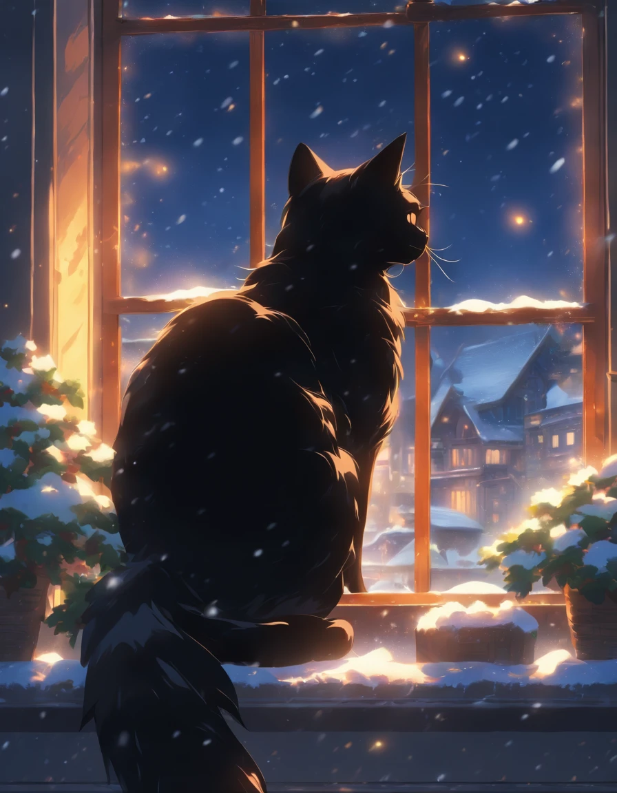 A beautiful black cat sits on a windowsill and watches the snow