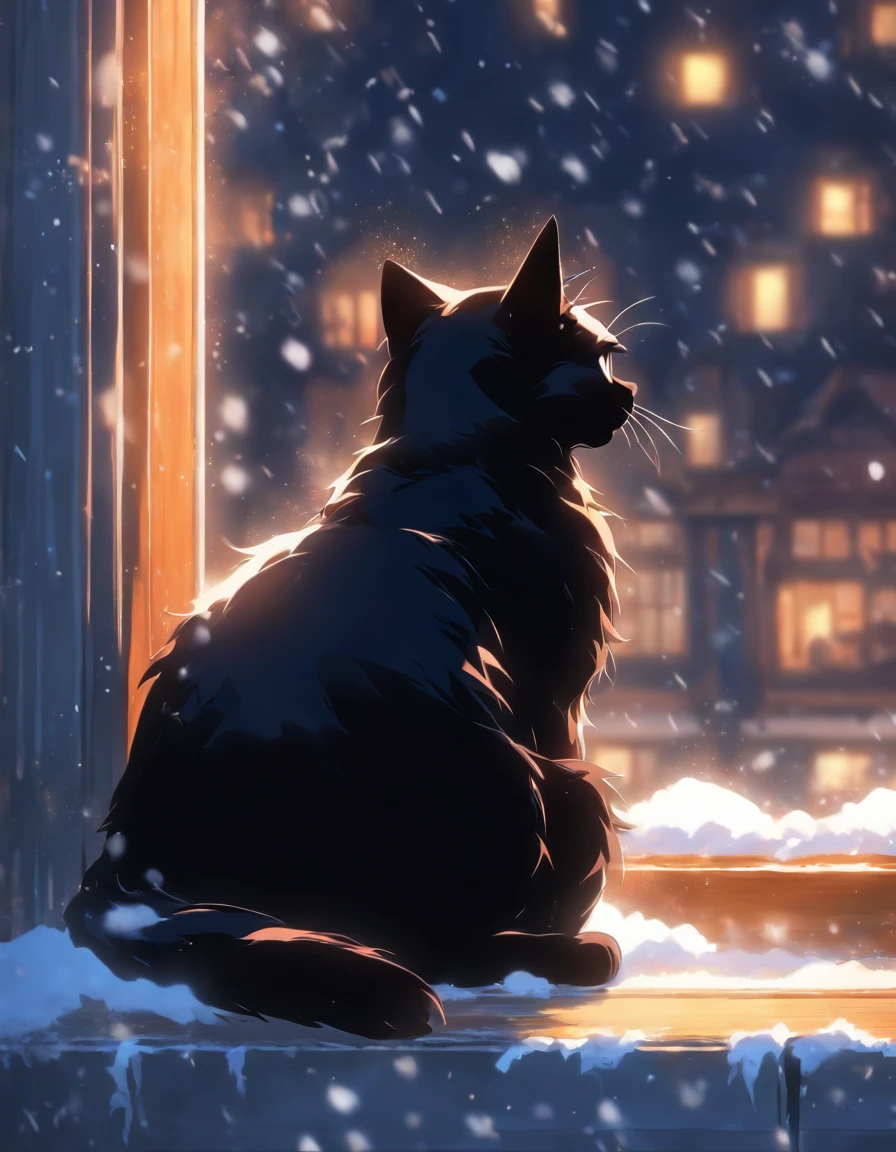 A beautiful black cat sits on a windowsill and watches the snow
