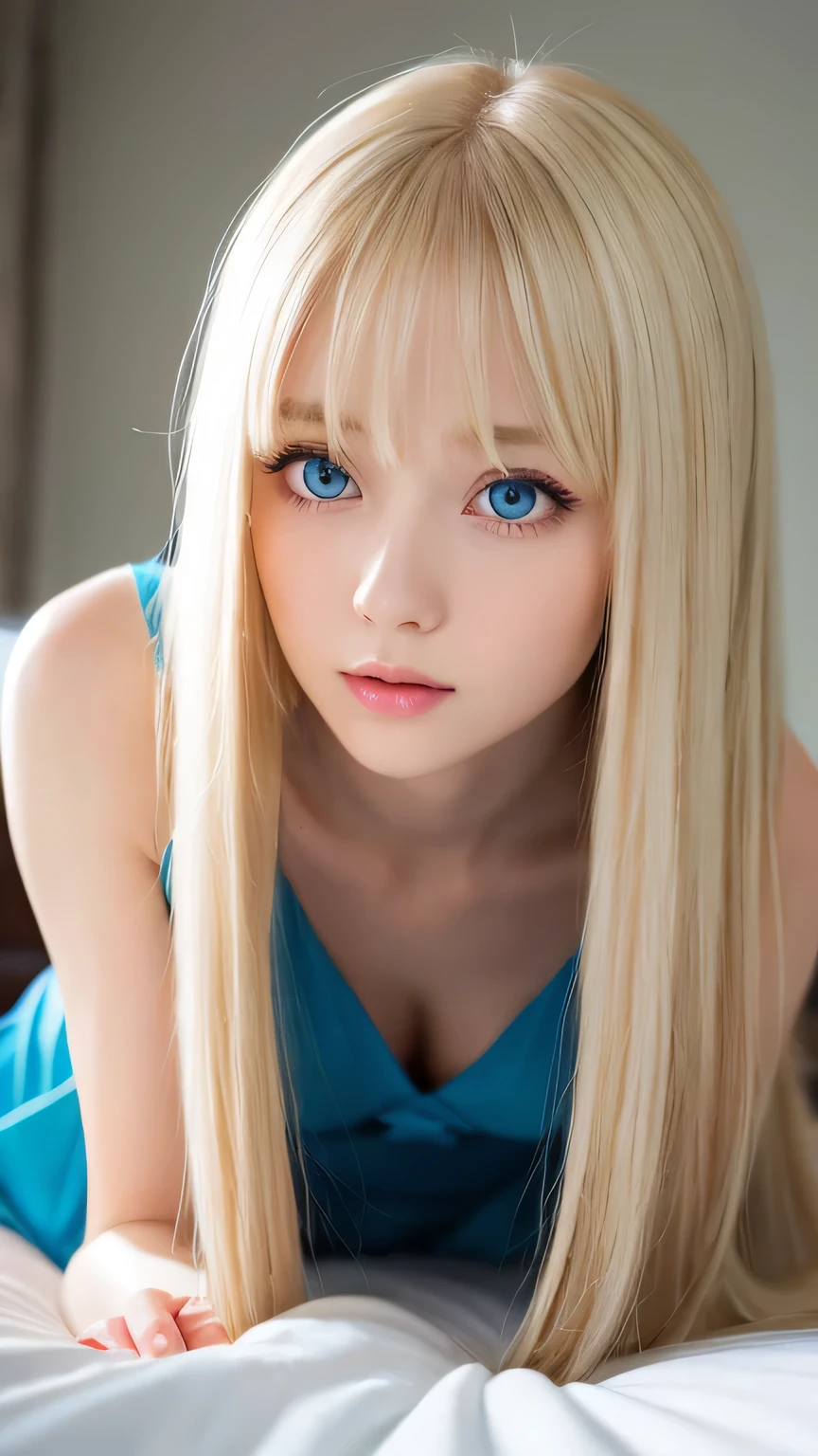 A very white and beautiful 20 year old blonde girl、masterpiece, highest quality, figure, Ultra-fine detail, Natural platinum blonde with a natural shine、Super long straight silky hair、Super long Rapunzel hair、Hair tangled all over the body、Messy bangs on the eyes,、Face-covering bangs、bangs、High resolution, 8K TV Wallpaper, Perfect dynamic composition, Beautifully detailed large light blue eyes , Very big eyes、of hotel(bed)、Small Face Beauty、Round face、On all fours、double eyelid