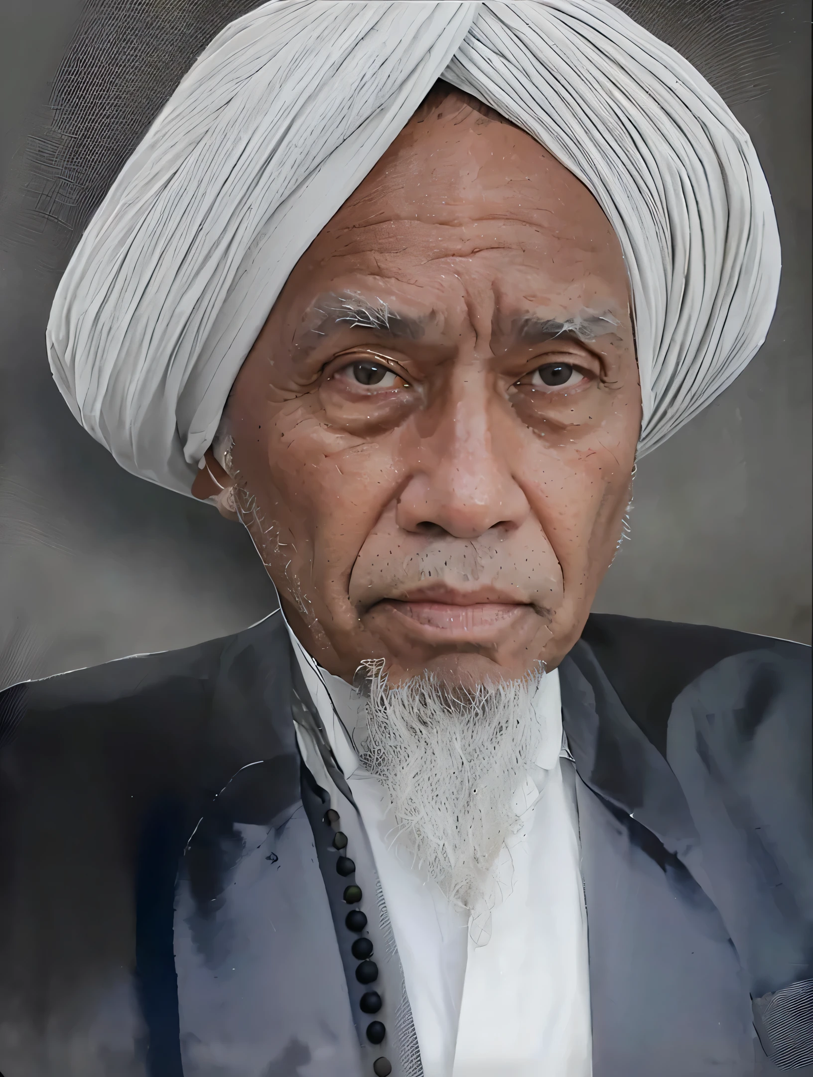 Make this photo look detailed and realistic, afared man wearing a suit and with a turban and a white beard, prayer beads, 7 3 years old man, portrait of a old, colorized old photo, detailed potrait, perfected potrait, realistic potrait, very detailed potrait