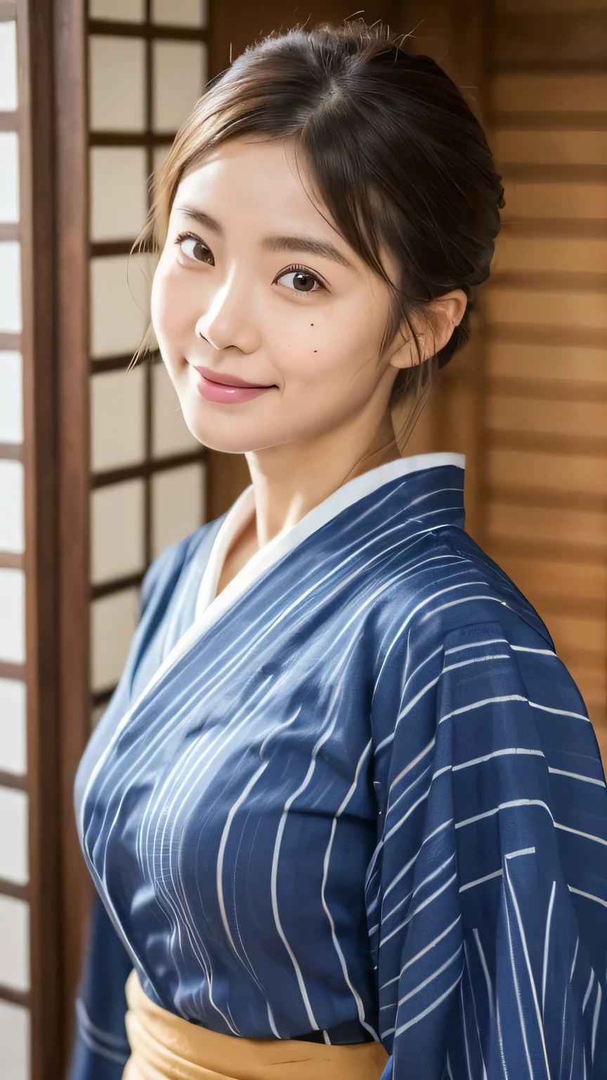 8k, highest quality, masterpiece, Realistic, Realistic, Very detailed, Natural light, Highly detailed face and skin, Fine grain, Highly detailed face and skinの中間ショット, Beautiful woman staring at me, Beautiful Face, Realistic Face, Detailed face, Beautiful hairstyle, Realistic eyes, fine grain, Realistic Skin, Detailed skin, Beautiful Skin, charm, Ultra-realistic, (((Home,squat,Simple yukata from a long-established inn, Yukata coming undone,Unbuttoned,kind, Brown Hair, Cute Japanese Girl, whole body,Dimples,There is a mole around the mouth,)))