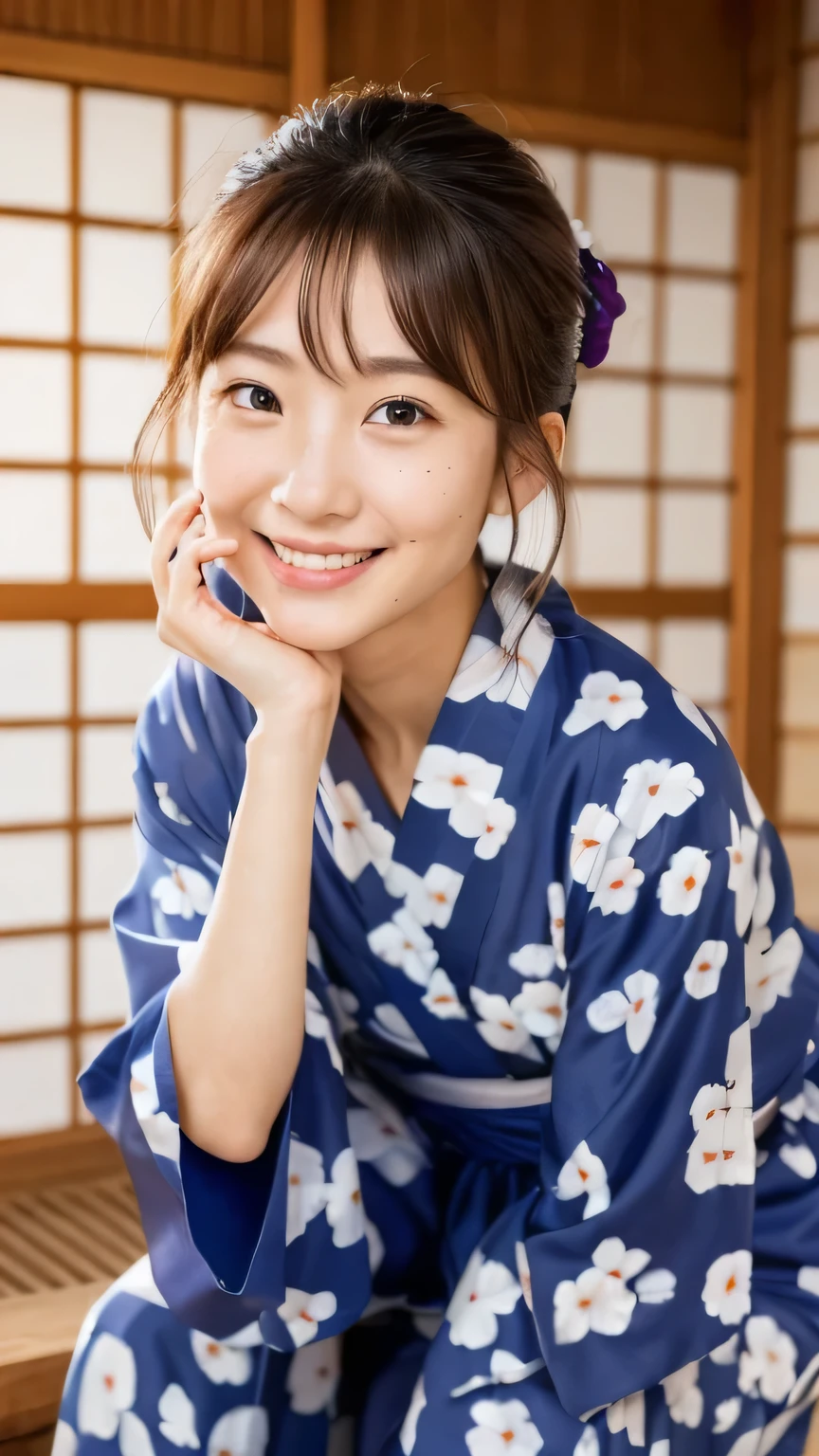 8k, highest quality, masterpiece, Realistic, Realistic, Very detailed, Natural light, Highly detailed face and skin, Fine grain, Highly detailed face and skinの中間ショット, Beautiful woman staring at me, Beautiful Face, Realistic Face, Detailed face, Beautiful hairstyle, Realistic eyes, fine grain, Realistic Skin, Detailed skin, Beautiful Skin, charm, Ultra-realistic, (((Home,squat,Simple yukata from a long-established inn, Yukata coming undone,kind, Brown Hair, Cute Japanese Girl, whole body,Dimples,There is a mole around the mouth,)))