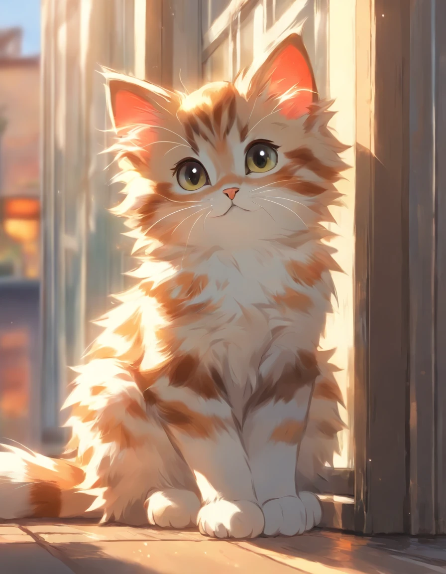 A fluffy striped kitten is sitting on a windowsill and looking at the street
