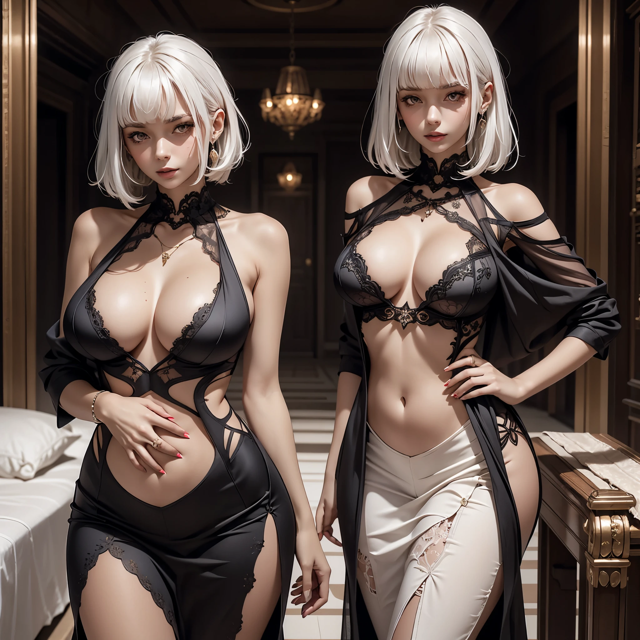 White skin white hair deep v black lace dress women，Luxurious clothes，Charming and elegant，Belly cut-out design，hand behind back，Bend your hips，Huge breasts，Leaking from the groin，Do not draw the hands