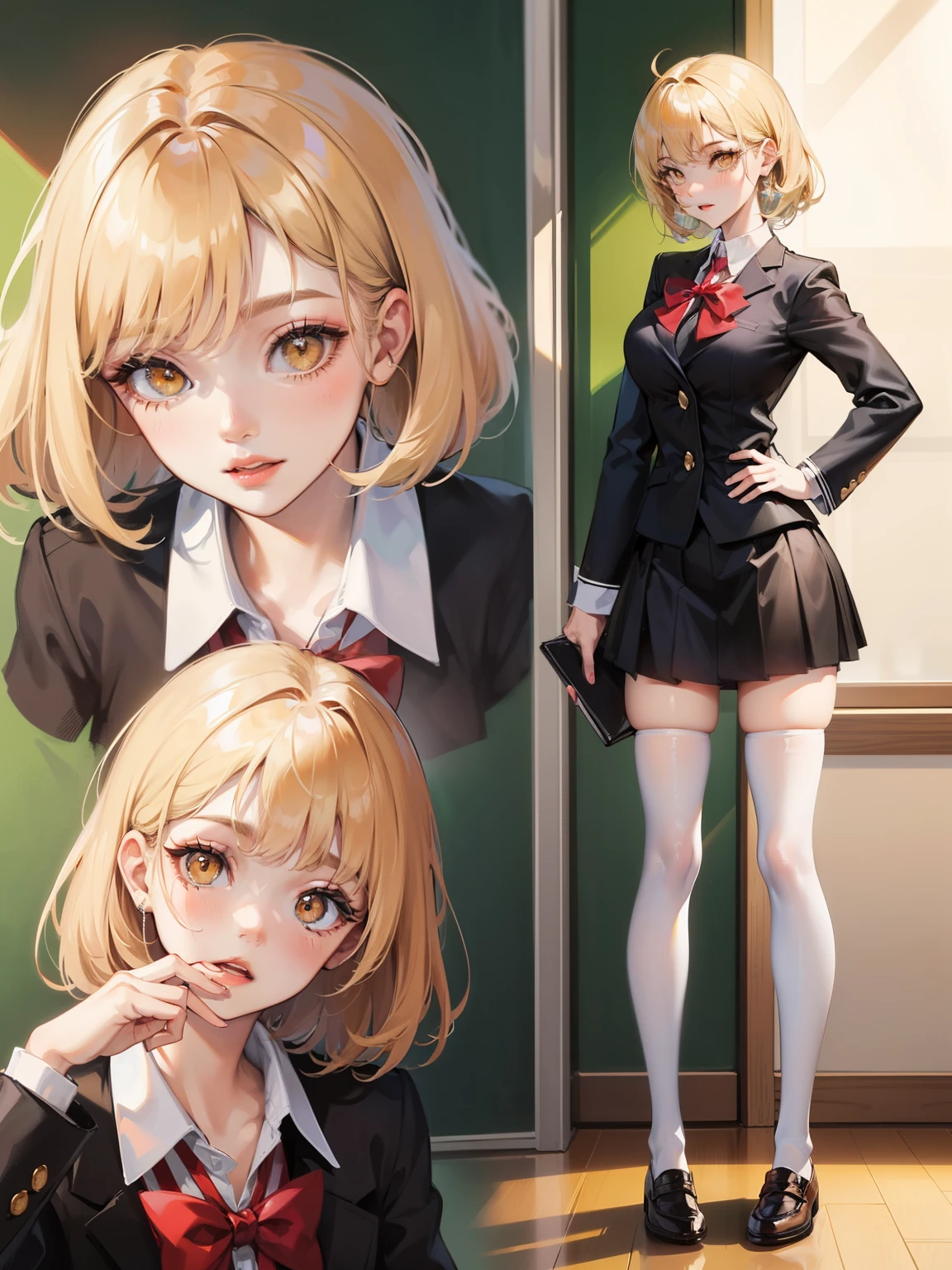 Dynamic posing, dynamic angle, Arrange pose,Top quality work，Show Legs，(short golden hair),(golden eyes), lovely lips, Rose cheeks, Pretty Face, A perfectly proportioned face, school shirt with red bow and black skirt, (school uniform),  white stockings，in classroom，full-body view， amazing, Large round chest、Beautiful eye details、Beautiful eyelashes、beautiful double eyelid,  with blush cheeks, talking to viewer