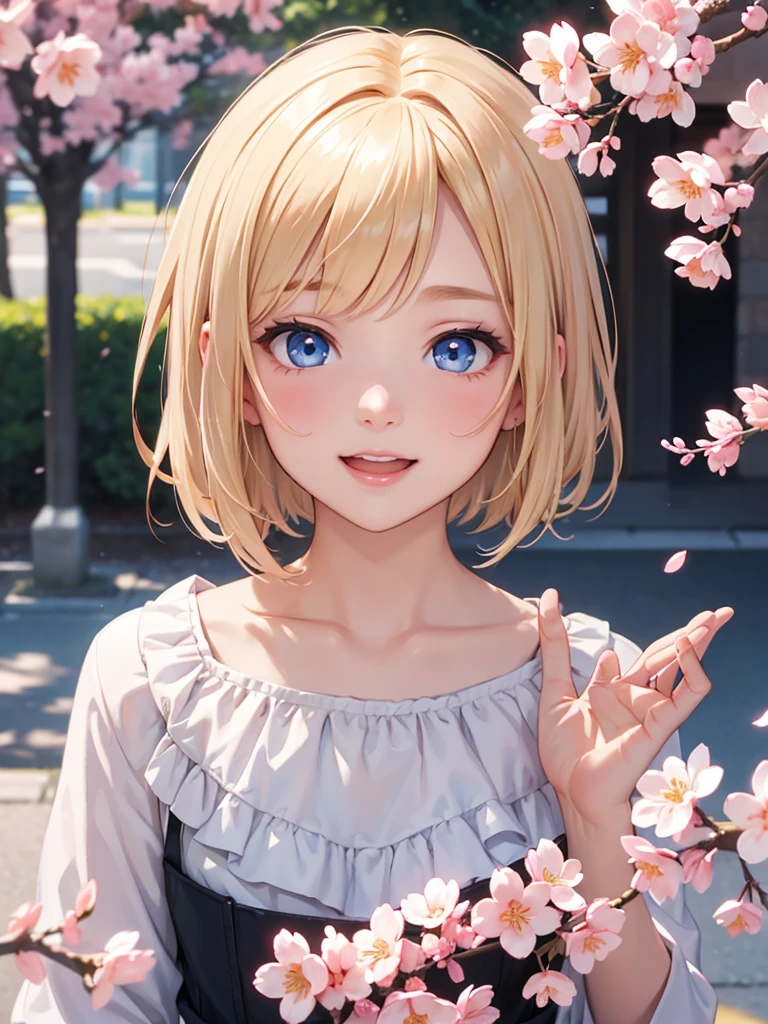 Face close-up、blonde、short hair、girl１、、smile、cherry blossoms、Waving、Light blue eyes、Open your mouth、Pink Lips