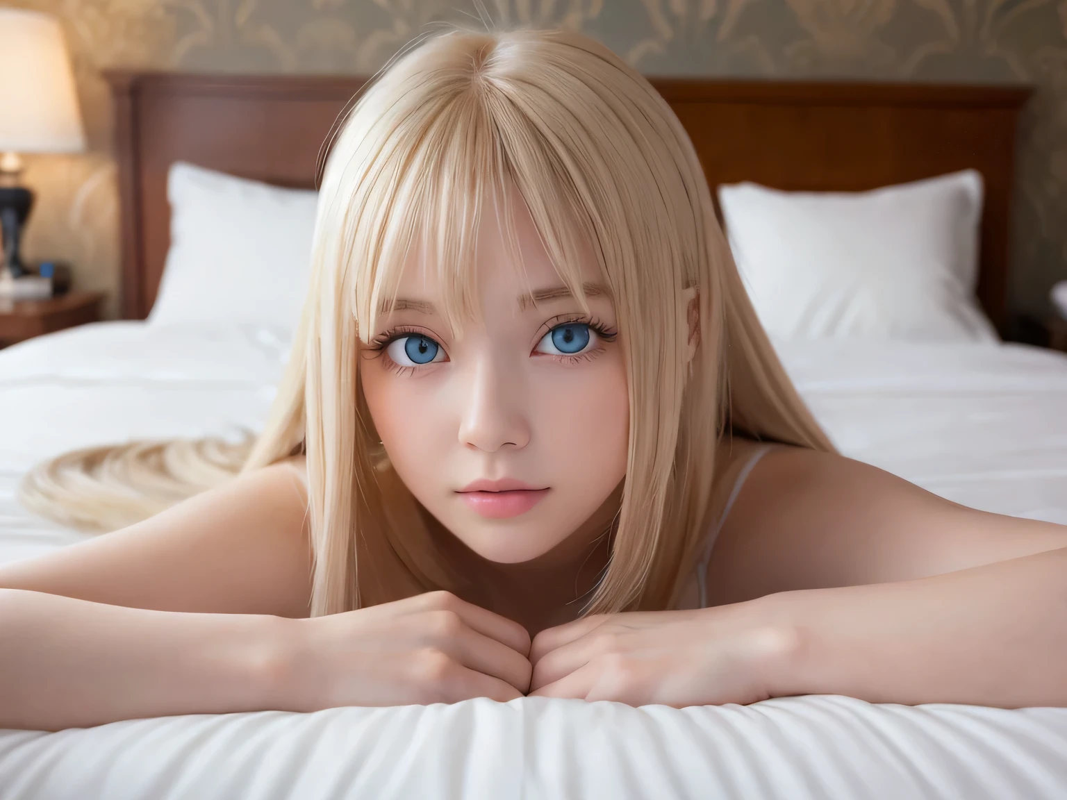 A very white and beautiful 20 year old blonde girl、masterpiece, highest quality, figure, Ultra-fine detail, Natural platinum blonde with a natural shine、Super long straight silky hair、Super long Rapunzel hair、Hair tangled all over the body、Messy bangs on the eyes,、Face-covering bangs、bangs、High resolution, 8K TV Wallpaper, Perfect dynamic composition, Beautifully detailed large light blue eyes , Very big eyes、of hotel(bed)、Small Face Beauty、Round face、On all fours、double eyelid