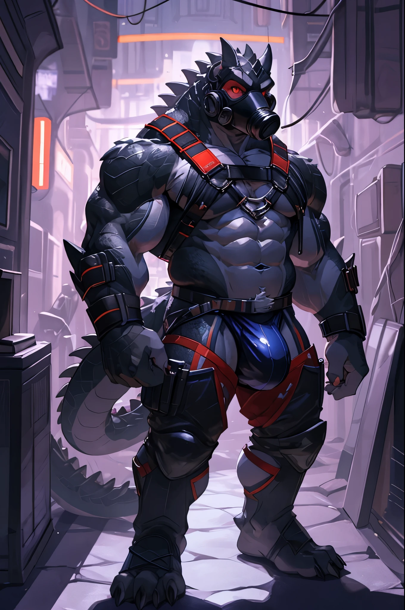 solo, anthro, crocodile, lizardman, ((scales, detailed muscles)), (Crocodile print), gas mask, black scales, white belly, mask, gas mask on mouth, valves on mask, clear tubes on mask, black claws, red eyes, slit eyes, slim fit, muscular slim, holding fist forward, cyberpunk background, cyber upgrades, crazed look, menacing, raging, angry, detailed eyes, pecs, tail, long tail, looking at viewer, arms resting on legs, standing up, (Masterpiece, by null-ghost, hi-res, 8k), jockstrap, harness, almost naked, big jockstrap, revealed legs, jockstrap, muscular leg, ((Gas mask)) penis, big bulge, penis bulge