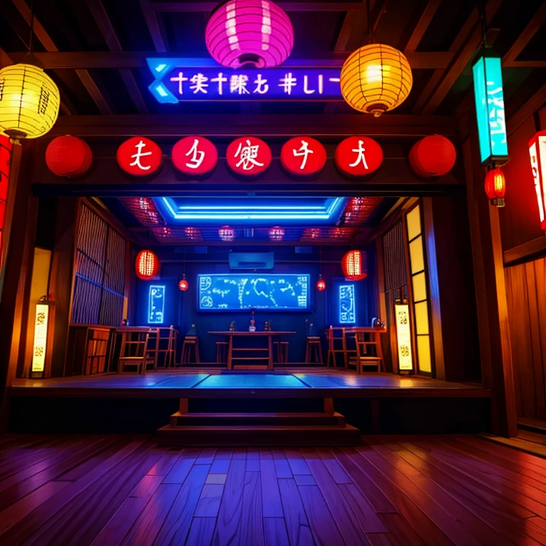 inside a Japanese bar with bright colorful lights and a live performance stage