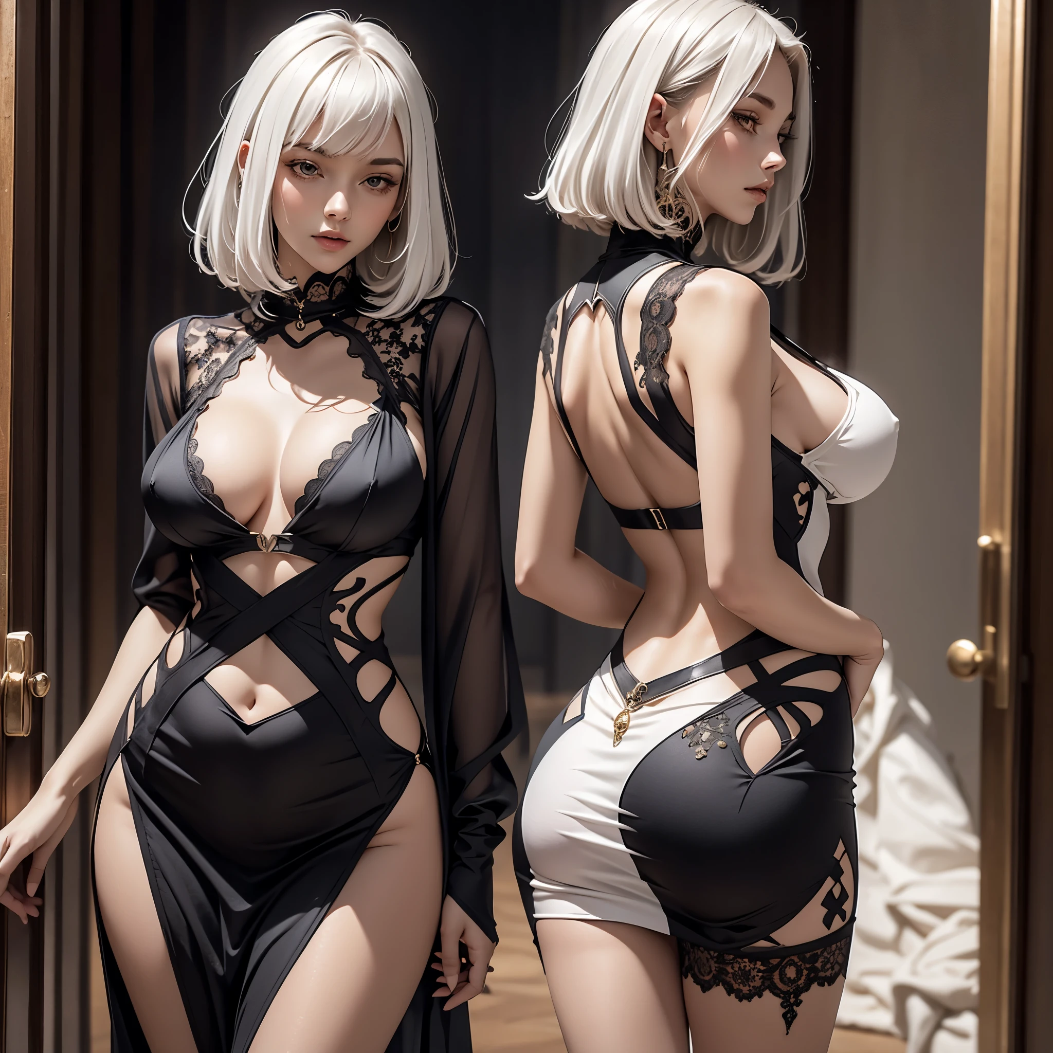 White skin white hair deep v black lace dress women,Luxurious clothes,Charming and elegant,Belly cut-out design,hand behind back,Bend your hips,Huge breasts,Leaking from the groin,Do not draw the hands
