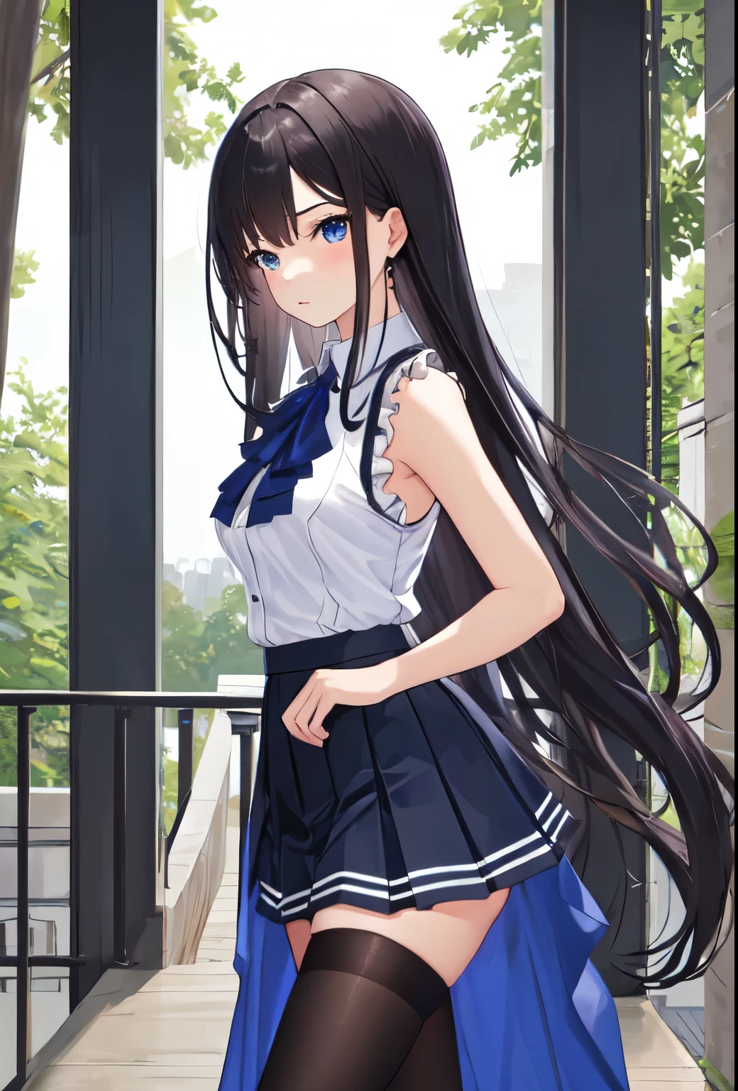best quality, masterpiece, highres, solo, 1girl, skirt, sleeveless, very_long_hair, thighhighs, hair_down