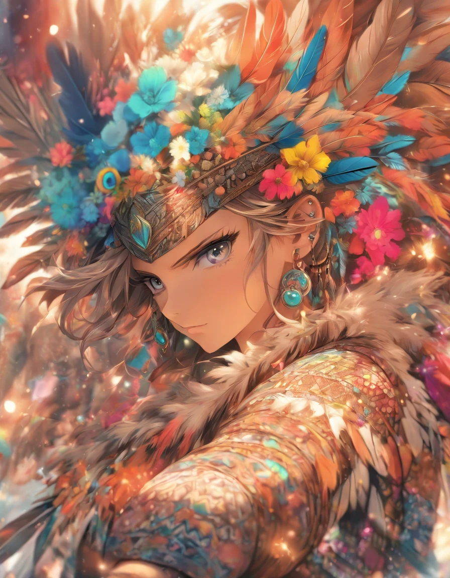 (masterpiece, top quality, Best quality, official art, beautiful and aesthetically pleasing:1.2), (1 girl, mature:1.3, got old:1.3), long hair, braid sidelocks, Extremely detailed,(fractal art:1.1),(colorful:1.4)(flowers:1.3),The most detailed,(zentangle:1.2), (dynamic pose), (abstract background:1.3), (shiny skin), (many colors:1.4),(earrings:1.4), (feathers:1.4), cowboy shot, Highly detailed hands, very detailed hands
