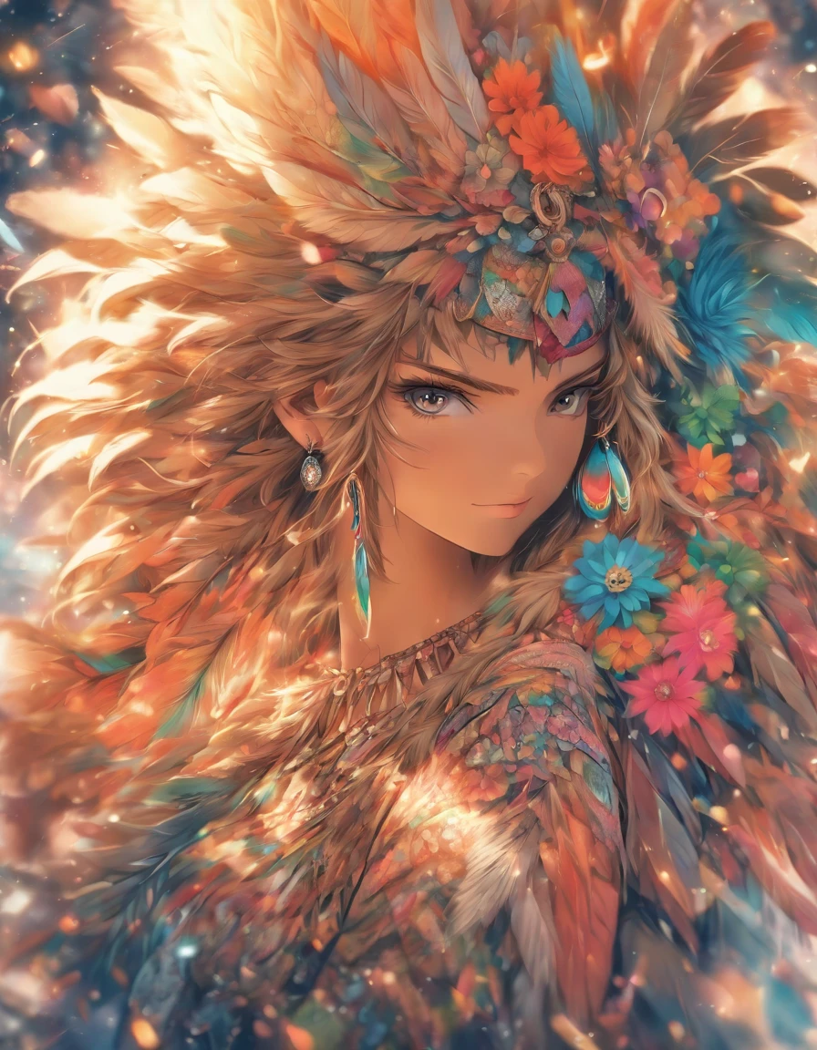 (masterpiece, top quality, Best quality, official art, beautiful and aesthetically pleasing:1.2), (1 girl, mature:1.3, got old:1.3), long hair, braid sidelocks, Extremely detailed,(fractal art:1.1),(colorful:1.4)(flowers:1.3),The most detailed,(zentangle:1.2), (dynamic pose), (abstract background:1.3), (shiny skin), (many colors:1.4),(earrings:1.4), (feathers:1.4), cowboy shot, Highly detailed hands, very detailed hands