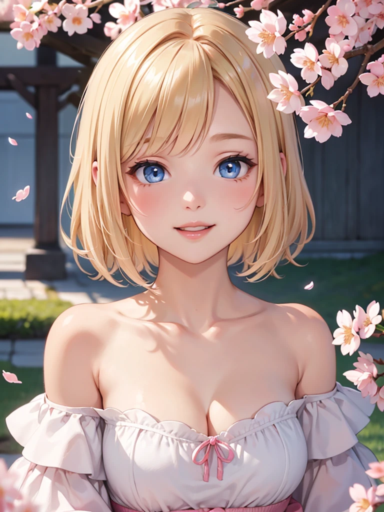 Face close-up、blonde、short hair、girl１、、smile、cherry blossoms、Waving、Light blue eyes、Open your mouth、Pink Lips、Off the shoulder、Large Breasts