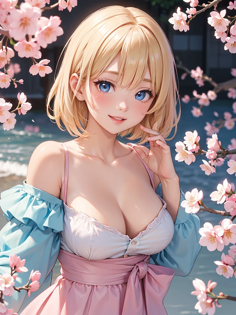 Face close-up、blonde、short hair、girl1、、smile、cherry blossoms、Waving、Light blue eyes、Open your mouth、Pink Lips、Off the shoulder、Large Breasts