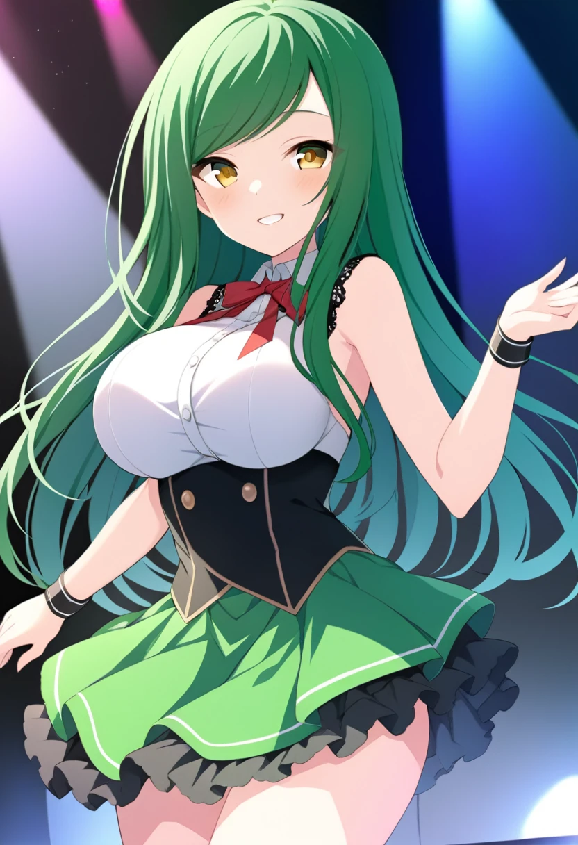 green hair, swept bangs, long hair, yellow eyes, live stage, large breasts, 1girl, smile,