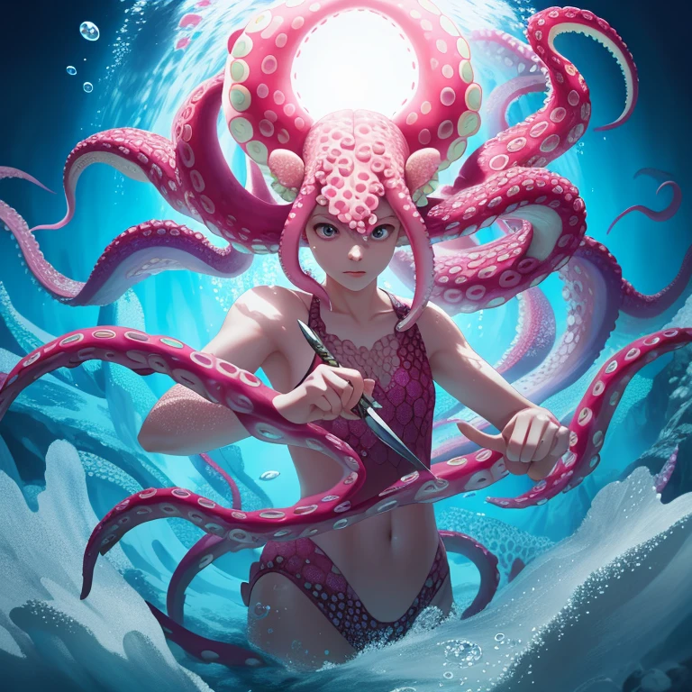 Strong octopus, holding a pink knife, in a vibrant underwater kingdom, Detailed textures, Realistic illumination, Hyper-realistic rendering, Delicate patterns on knife handle, Sinister expression on octopus' face, Inviting pink hue of the knife blade, Intriguing scene, Awe-inspiring underwater masterpiece. (Best quality), (Solo octopus), (Pink octopus character), (Upper body focus), (Underwater scenery), (Glowing octopus eyes), (Peak performance), (Shimmering water effects), (Dynamic pose), (Bold and captivating), (3D animation style).