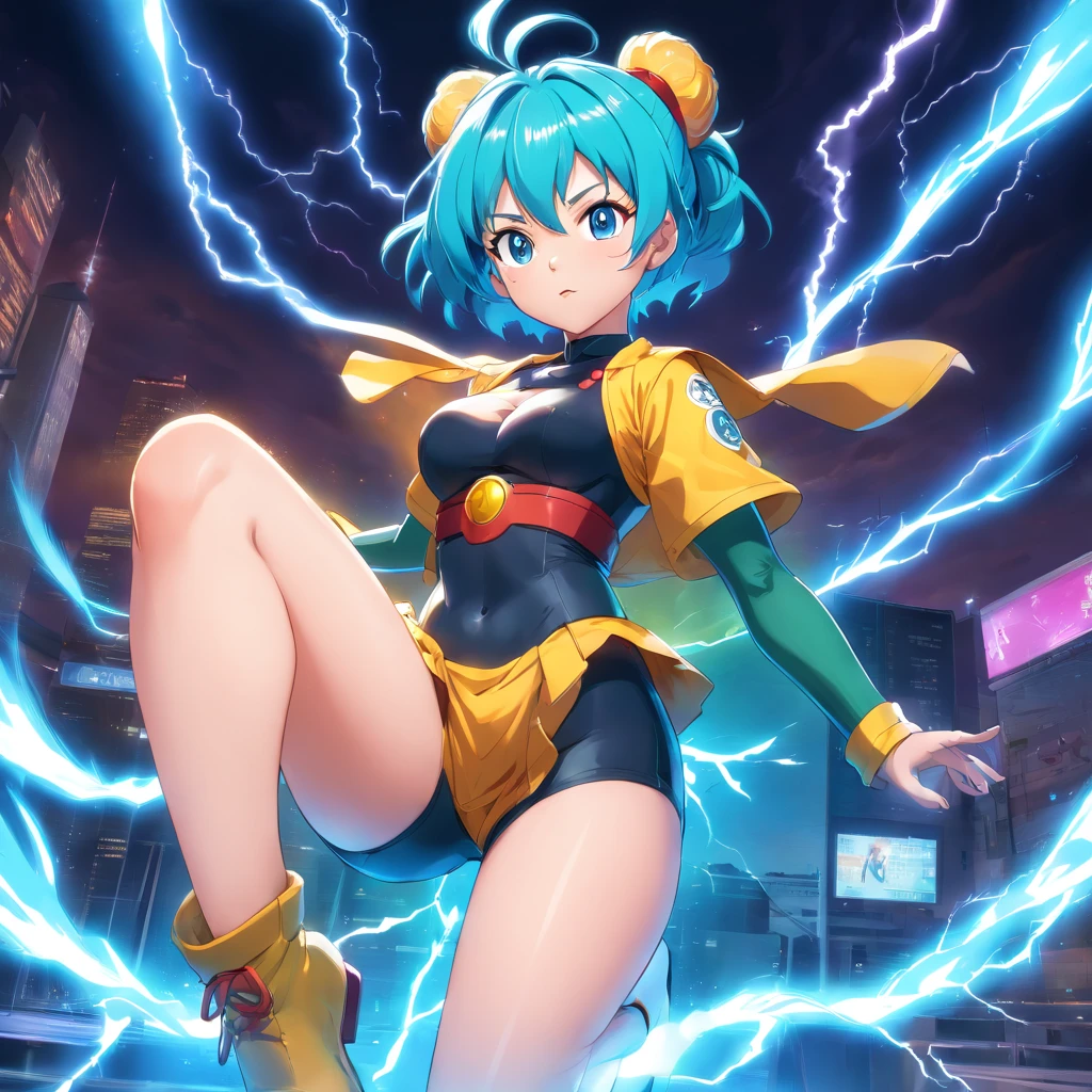 Anime girl, bulma variation, thick thighs, large breasts, super sayian 3 female form, glowing blue lightning, full body, gothic attire, 3D Image