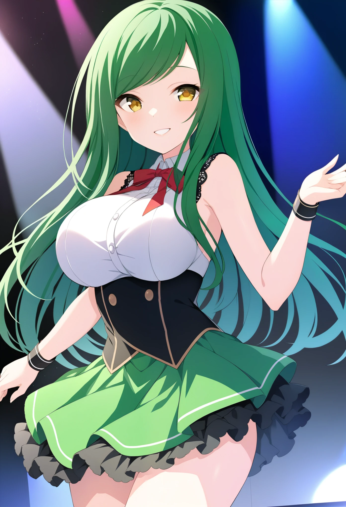 green hair, swept bangs, long hair, yellow eyes, live stage, large breasts, 1girl, smile,