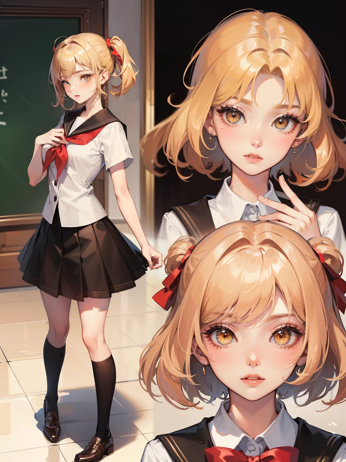 Dynamic posing, dynamic angle, Arrange pose,Top quality work,Show Legs,(short golden hair),(golden eyes), lovely lips, Rose cheeks, Pretty Face, A perfectly proportioned face, school shirt with red bow and black skirt, (school uniform), white stockings,in classroom,full-body view, amazing, Large round chest、Beautiful eye details、Beautiful eyelashes、beautiful double eyelid, with blush cheeks, talking to viewer, multiple faces with different expressions