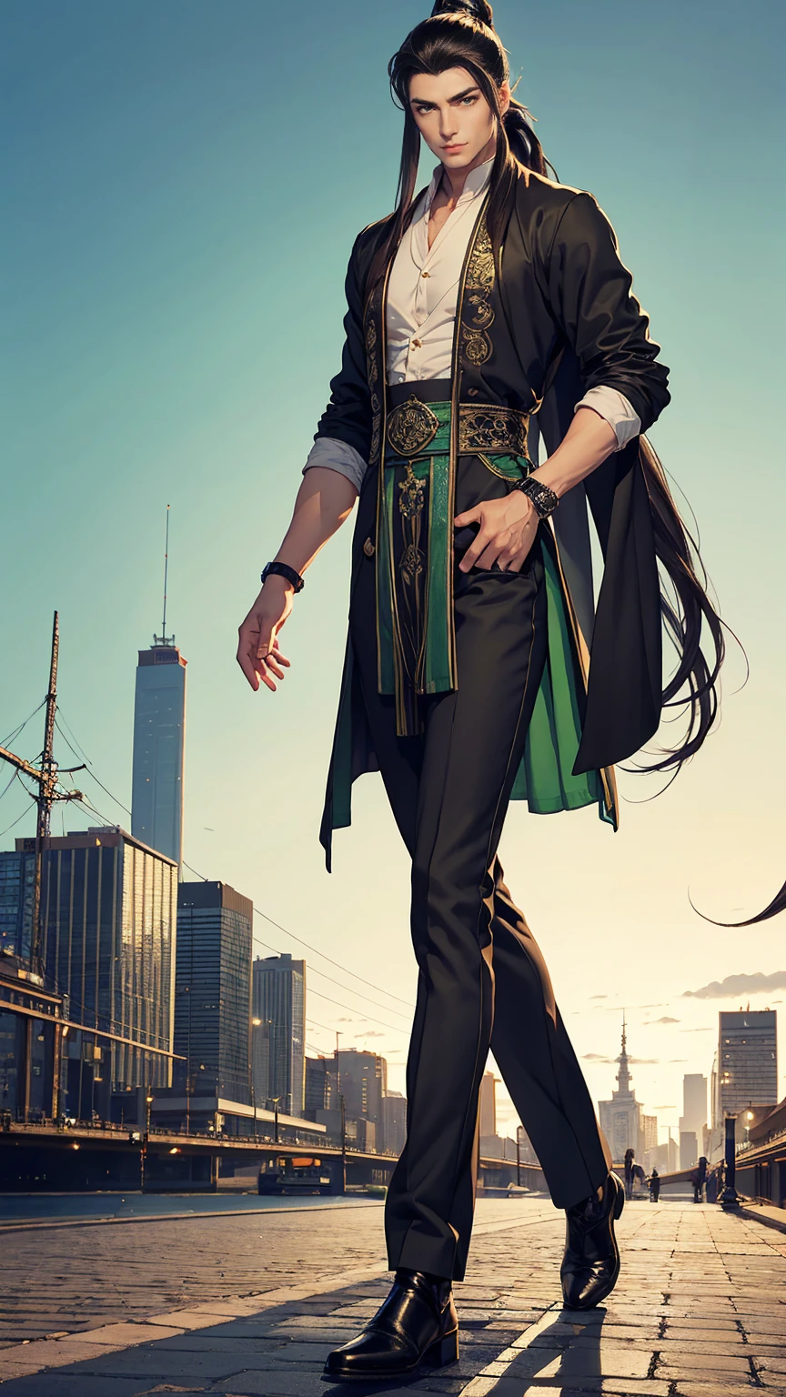 (masterpiece, Best quality, a high resolution, ultra detailed), (beautiful and aesthetically pleasing: 1.2), ((1 man)), adult, ((black hair)), ((long wavy ponytail hair)), ((Green eyes)), Male focus, male body, (slight smile: 0.8), detailed eyes and face , Full length figure, open cardigan, silk scarf, skinny pants, ankle boots, city street background, intricate details, dim lighting, full body,