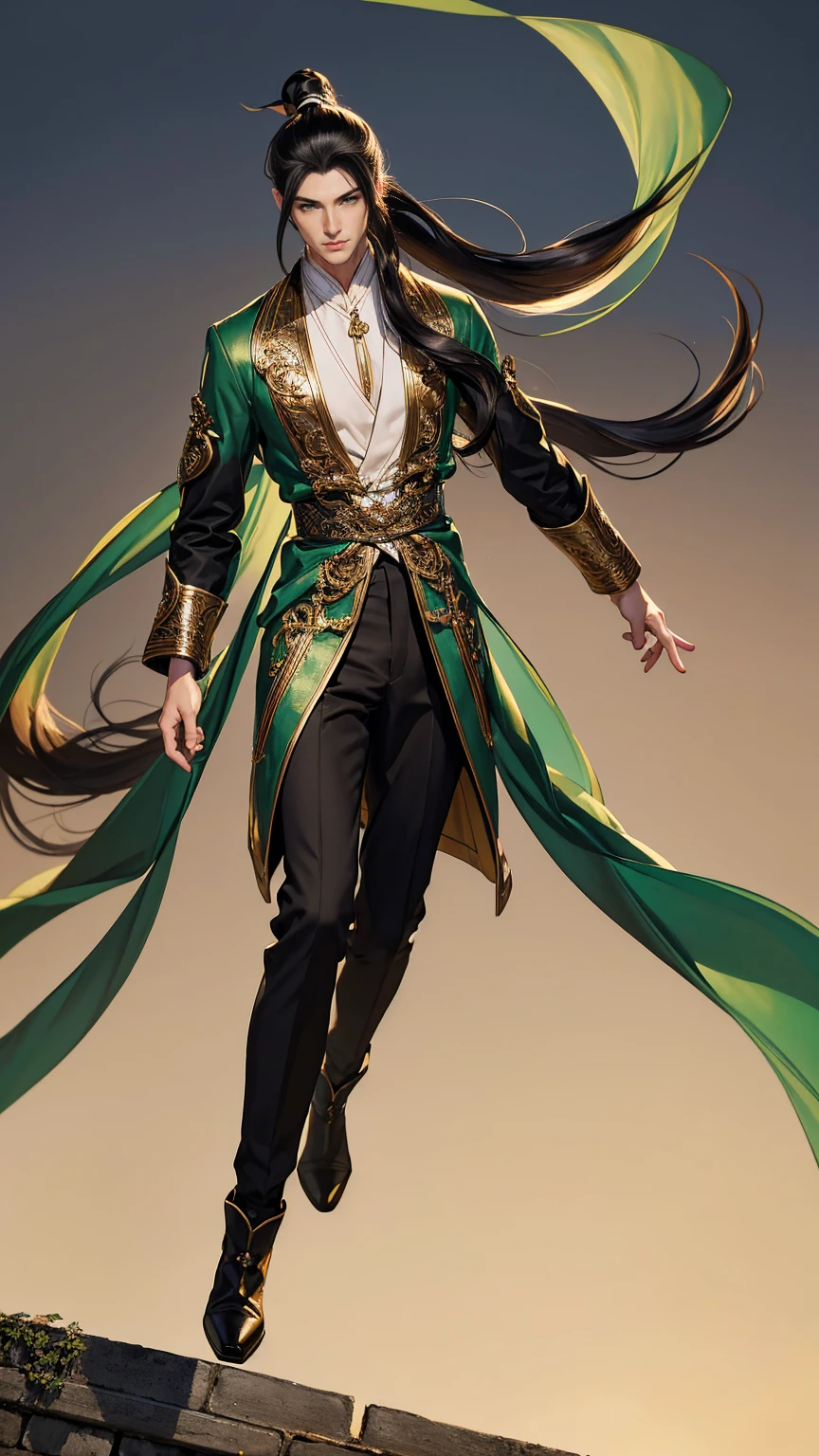 (masterpiece, Best quality, a high resolution, ultra detailed), (beautiful and aesthetically pleasing: 1.2), ((1 man)), adult, ((black hair)), ((long wavy ponytail hair)), ((Green eyes)), Male focus, male body, (slight smile: 0.8), detailed eyes and face , Full length figure, open cardigan, silk scarf, skinny pants, ankle boots, city street background, intricate details, dim lighting, full body,