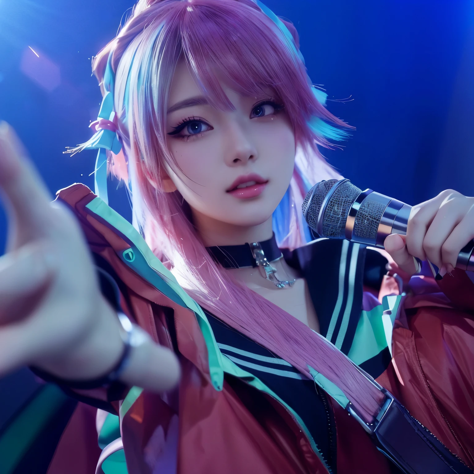 a close up of a person with a microphone and a bag, anime styled 3d, 8k artgerm bokeh, render of a cute 3d anime girl, unreal engine : : rave makeup, game cg, style. 8k, anime style 4 k, stylized, photorealistic girl render, detailed digital anime art, styled digital art, beautiful girl, cute girl