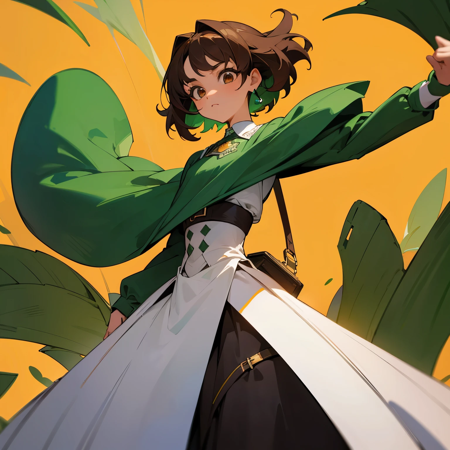 A 16 year old girl, with dark brown hair, y ojos negros con un brillo verde, de color morenita algo claro, vestida con el uniformado de My hero academy