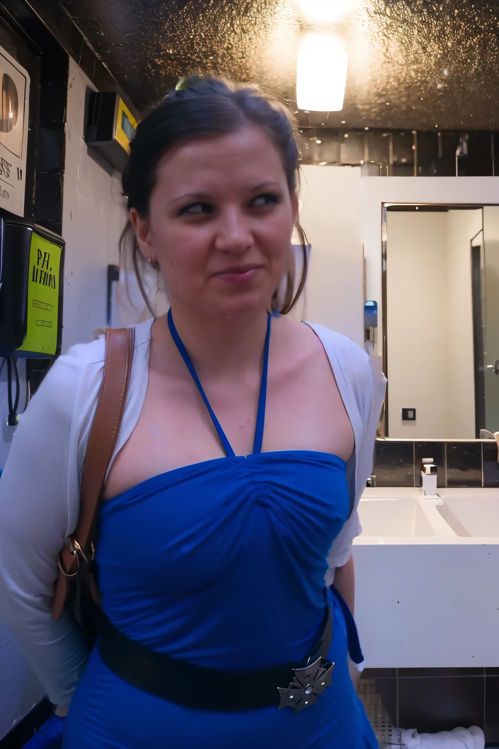 A girl with dark long hair looks at the queue for the toilet, behind the girl there is a queue for the toilet