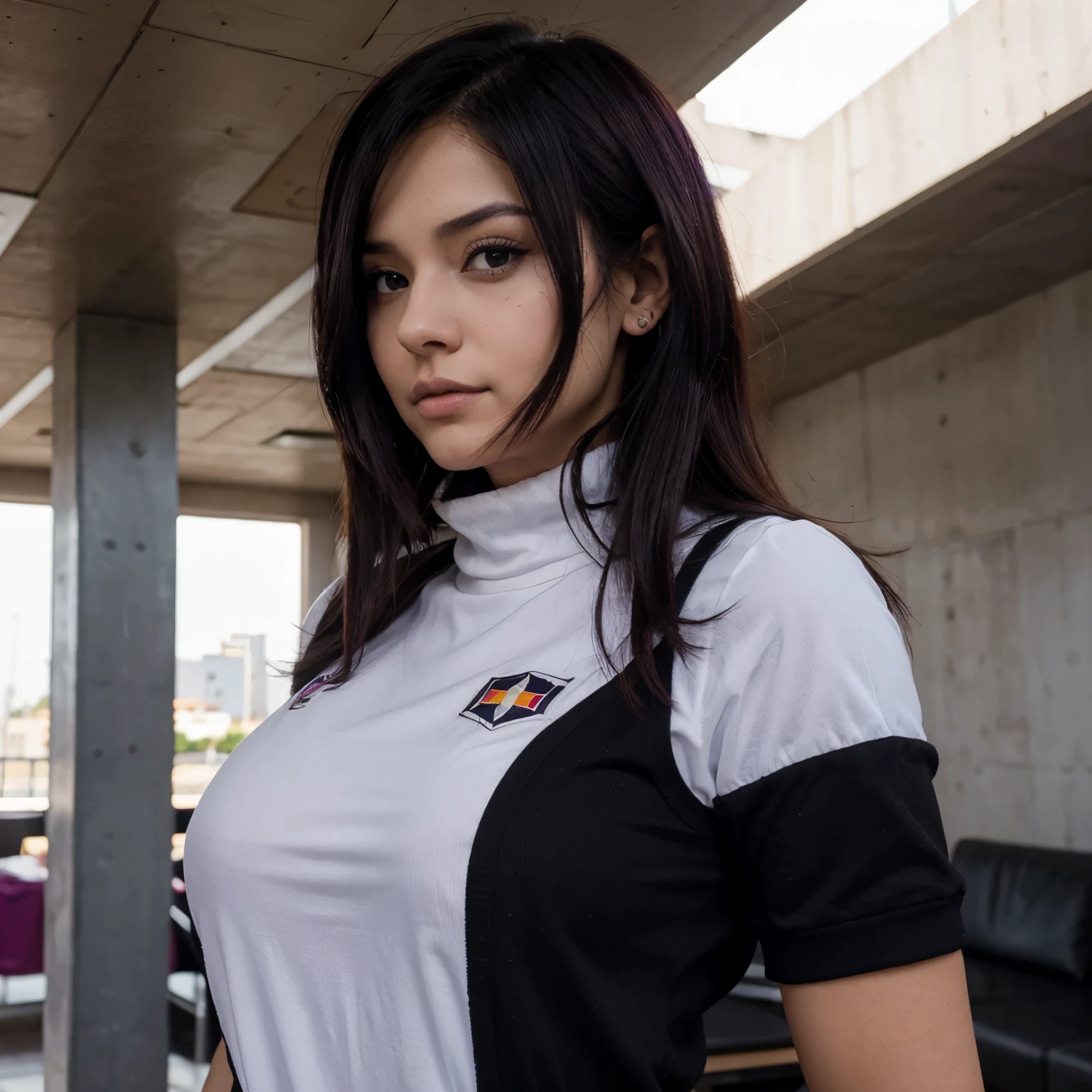 Mujer, tetona, cabello corto de color negro y puntas moradas, piel clara, ojos color morado, con el uniforme de My Hero academia