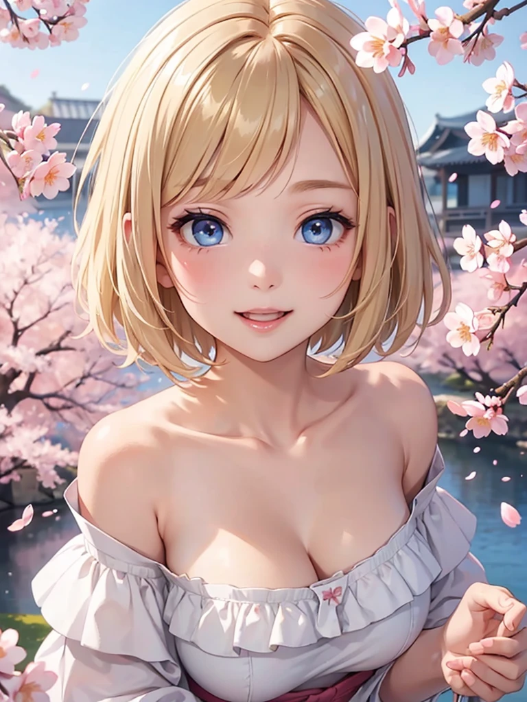 Face close-up、blonde、short hair、girl１、、smile、cherry blossoms、Waving、Light blue eyes、Open your mouth、Pink Lips、Off the shoulder、Large Breasts、Cleavage