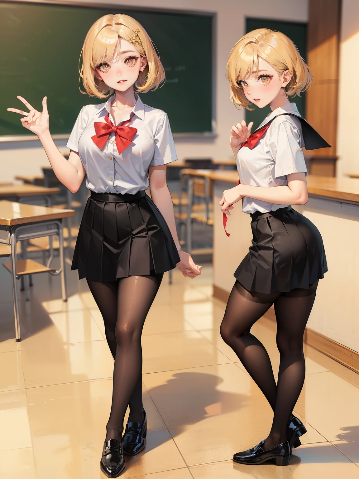 Dynamic posing, dynamic angle, Arrange pose,Top quality work,Show Legs,(short golden hair),(golden eyes), lovely lips, Rose cheeks, Pretty Face, A perfectly proportioned face, school shirt with red bow and black skirt, (school uniform), white stockings,in classroom,full-body view, amazing, Large round chest、Beautiful eye details、Beautiful eyelashes、beautiful double eyelid, with blush cheeks, talking to viewer, several photos of faces with different expressions