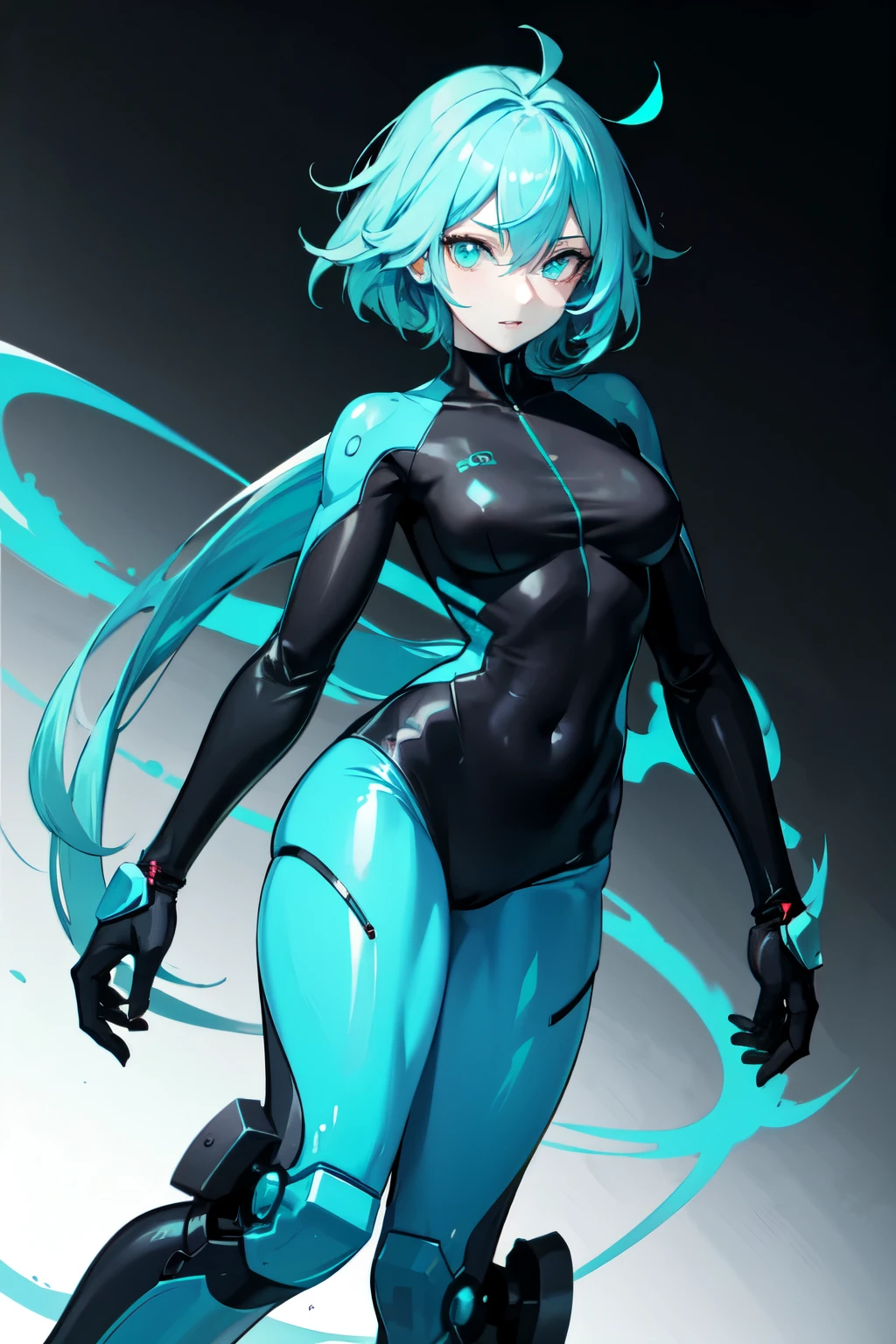 Tomboy athletic anime cyborg woman with turquoise hair and glowing cyan eyes wearing a casual attire