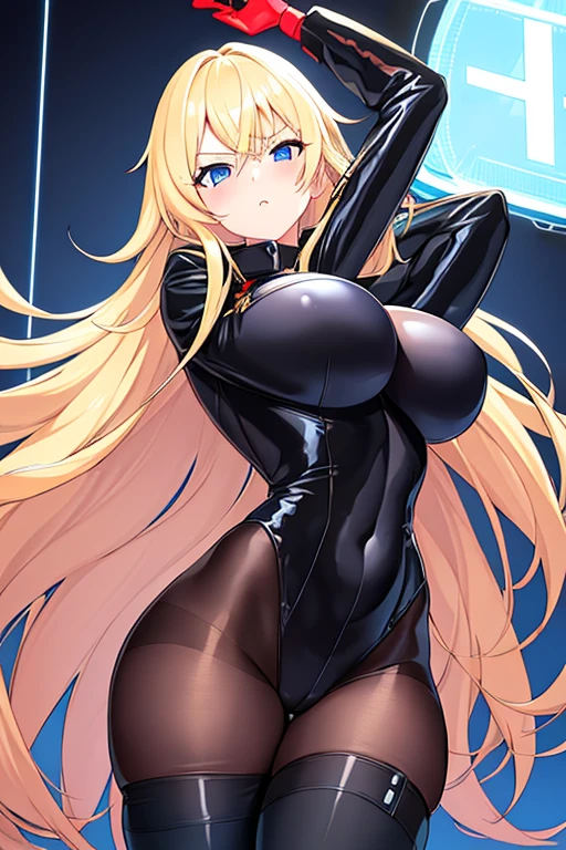 1girl, blonde hair, long hair, blue eyes, serious, black pantyhose, pantyhose, thighhighs, black bodysuit, huge breasts, thick thighs, blue trim, pilot suit, futurustic, machinery, tech, science-fiction, neon trim, neon lights, bodysuit,