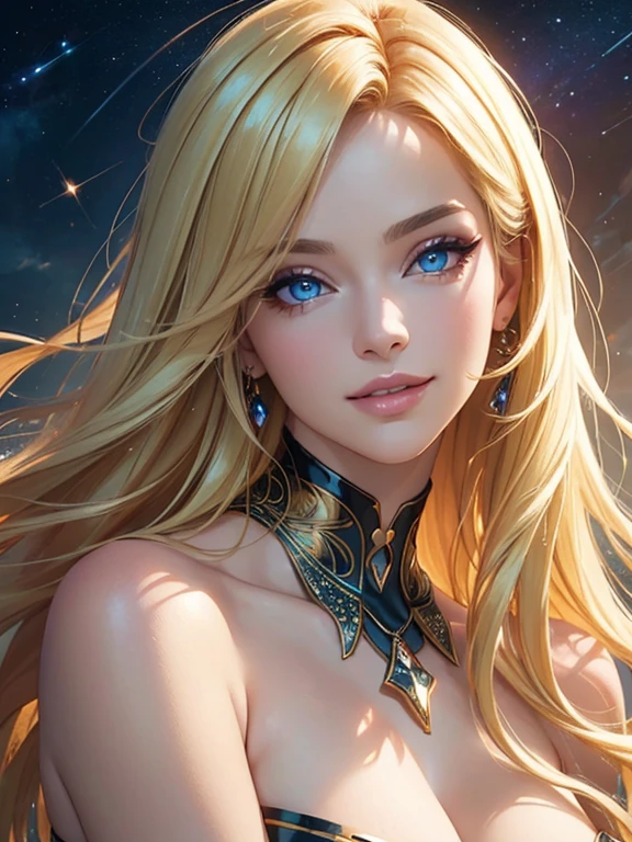 ((face close up))((Magnificent, celestial)) ((tall beautiful celestial female angel)) ((Big bright blue eyes)), ((dark eyeshadows make up)) ((bright red lipstick)), ((with seductive gaze)) ((joyful smile))((very long light blonde hair))((cleavage:1.5)) ((halo of light and gold over her head, big gold feathers wings)) ((glowing magic sparks particles floating around))((with black sky background and white light reflectors on her)), ((high definition:1.5), ((amazing lights and shadows)) ((masterpiece:1.5))((8k:1.5)) ((Best quality:1.4))
