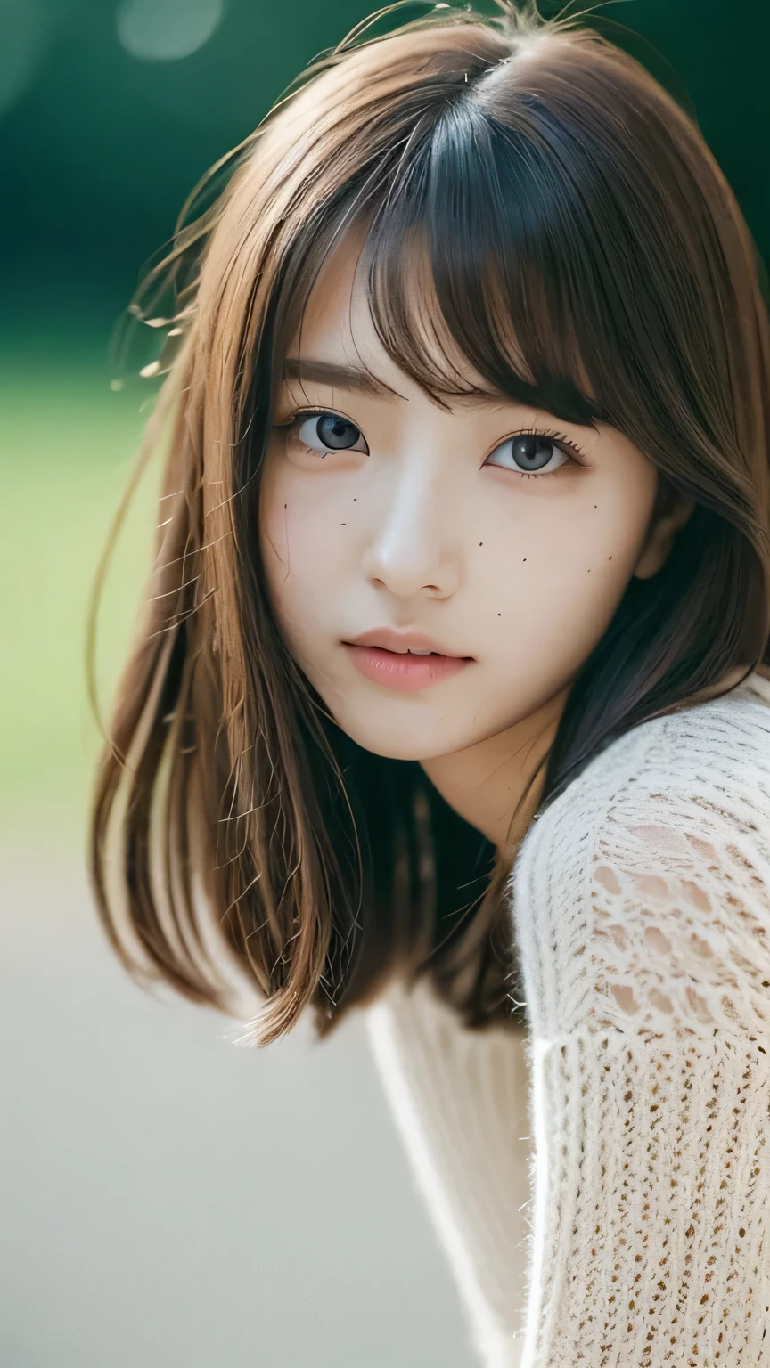 8k, highest quality, masterpiece, Realistic, Realistic, Very detailed, Natural light, Highly detailed face and skin, Fine grain, Highly detailed face and skinの中間ショット, Beautiful woman staring at camera, Beautiful Face, Realistic Face, Detailed face, Beautiful hairstyle, Realistic eyes, fine grain, Realistic Skin, Detailed skin, Beautiful Skin, charm, Ultra-realistic, Sexy green lace knit, kind, Brown Hair, (((Cute Japanese Girl, whole body,There is a mole around the mouth,Crouching,)))