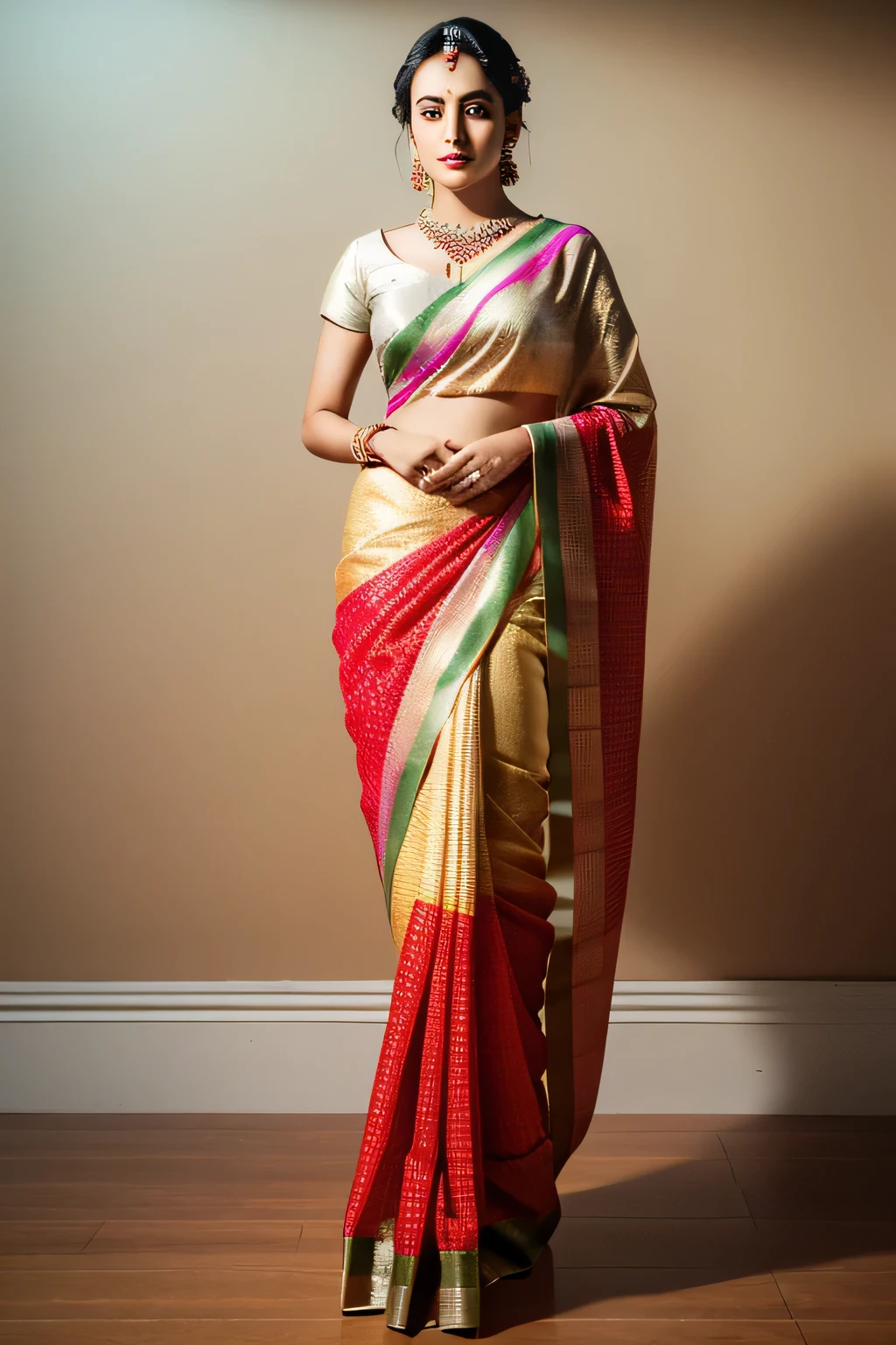 Foto RAW, photorealistic, photography, full body shot, master shot, Wearing a Stanapatta, a chest-band.Saree model, model Photography, Indian saree shoot, Indian traditional wear advertising photography, traditional wear brand shoot, face of Indian actress Sonakshi Sinha, masterpiece, realistic, realism, photorealism, high contrast, photorealistic Artstation 8k HD digital art trend of high definition and detailed realistic skin texture, ultra detail, realistic skin texture, armature, best quality, ultra high definition, (photorealistic:1.4),, high resolution, detail, raw photo, Re sharp, by Lee Jefferies Nikon D850 Film Stock Photo 4 Kodak Portra 400 Camera F1.6 Lens Rich Color Ultra Real Realistic Realistic Textures Dramatic Lighting Unreal Engine Trending at Art Station Cinestill 800,(pele altamente detalhada: 1.2), 8k UHD, DSLR, soft-lighting, alta qualidade, grain of film, Fujifilm XT3,she didn't require a blouse,