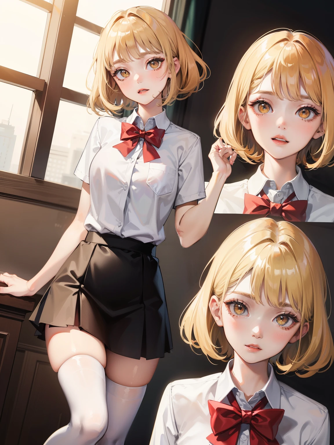 Dynamic posing, dynamic angle, Arrange pose,Top quality work, (short golden hair),(golden eyes), Rose cheeks, Pretty Face, A perfectly proportioned face, school shirt with red bow and black skirt, (school uniform), white stockings,in classroom, amazing, Large round chest、Beautiful eye details、Beautiful eyelashes、beautiful double eyelid, with blush cheeks, talking to viewer, multiple faces with different expressions