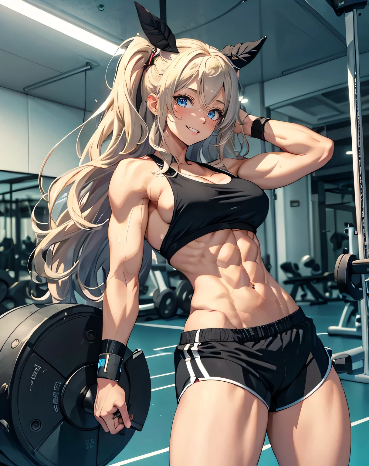 1girl, (Blue Eyes), (smiling :1.2), (Sana Minatozaki), wide hips, Big tits, big ass, (Best Quality, 8k, Masterpiece: 1.3), Clear Focus: 1.2, Perfect Body Beauty: 1.4, (strong abs :1.4), (abs :1.2), Highly detailed face and skin texture, detailed eyes, double eyelids, (blonde long wavy hair :1.2), (black sport tanktop :1.2), (black sport shorts :1.2), standing, dynamic pose, in a gym