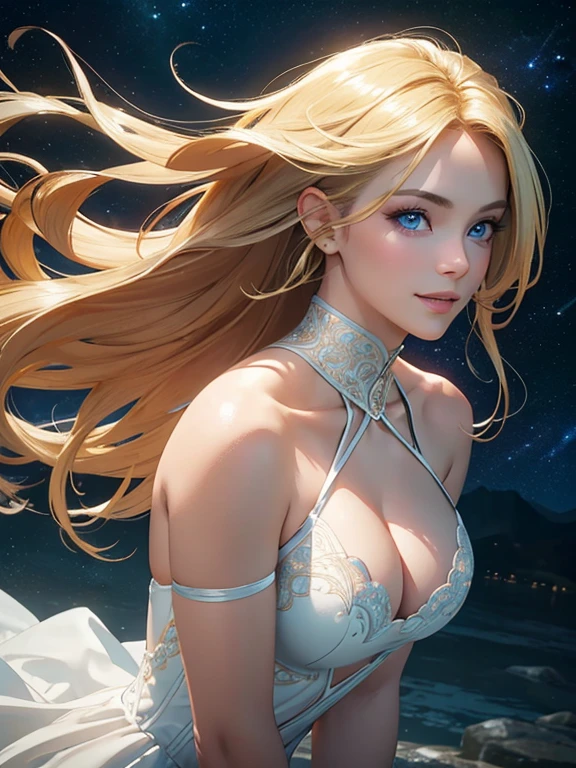 (Best quality,ultra detailed,photorealistic:1.37),bright and rich colors,studio lighting,playful facial expression,stylish makeup,Long blonde hair fluttering in the wind,inviting eyes,glossy lips,sexy pose, (((deep neckline))), Space Cadet, cabin, I smile confidently and seductively,posing for a professional photo shoot,shallow depth of field,highlighting the main subject,soft natural lighting,Creating a dreamy and magical atmosphere.